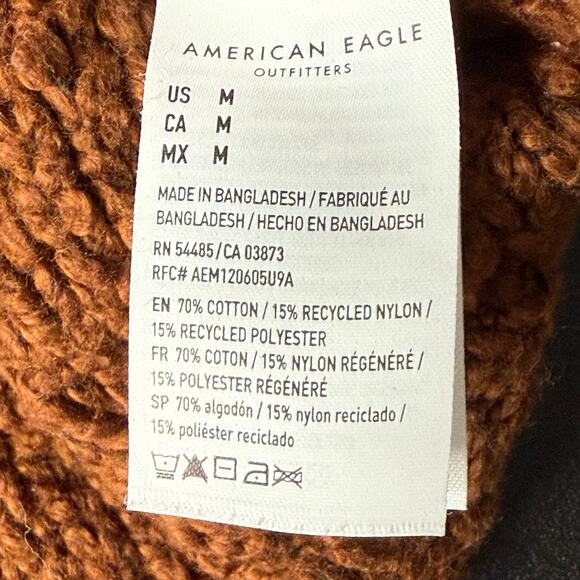 AMERICAN EAGLE M Hooded Pullover Sweater Crop Comfy Cozy Rust Brown Boucle Knit - Picture 7 of 8